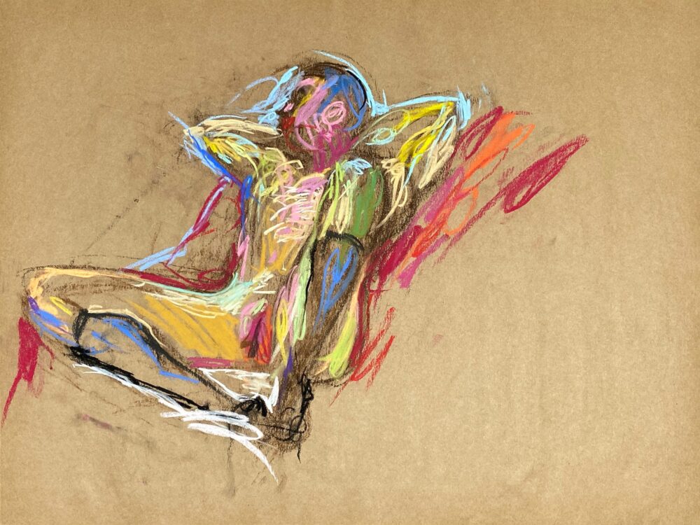 pastel drawing of nude male model reclining in black gaiters