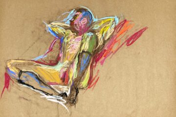 pastel drawing of nude male model reclining in black gaiters