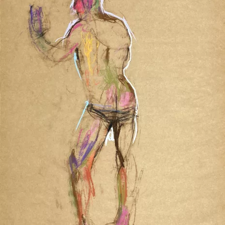 pastel drawing of male model from backside