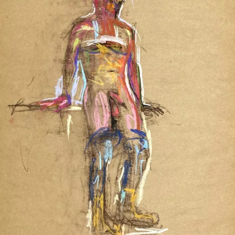 pastel drawing of male model in white tank, jeans and boots