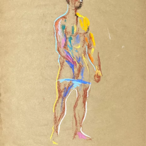 pastel drawing of nude male model in azure briefs