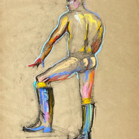 pastel drawing of nude male model in boots