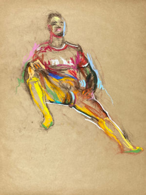 pastel drawing of nude male model in red soccer shirt and yellow gaiters