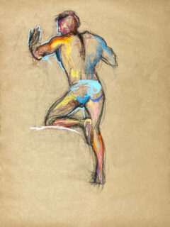 pastel drawing of nude male model in azure briefs from backside