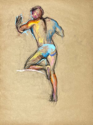 pastel drawing of nude male model in azure briefs from backside