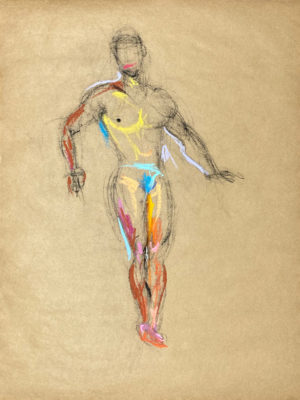 pastel drawing of nude male model in azure briefs