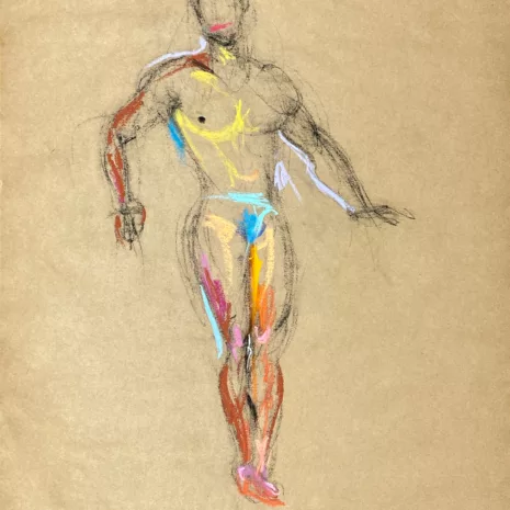 pastel drawing of nude male model in azure briefs