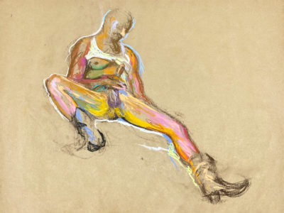 pastel drawing of nude male model in cowboy boots and tank