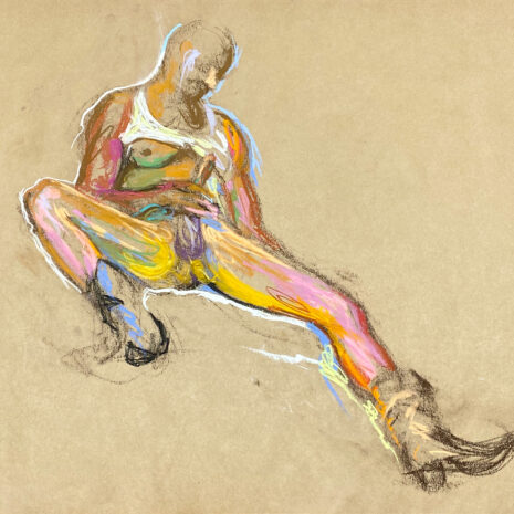 pastel drawing of nude male model in cowboy boots and tank