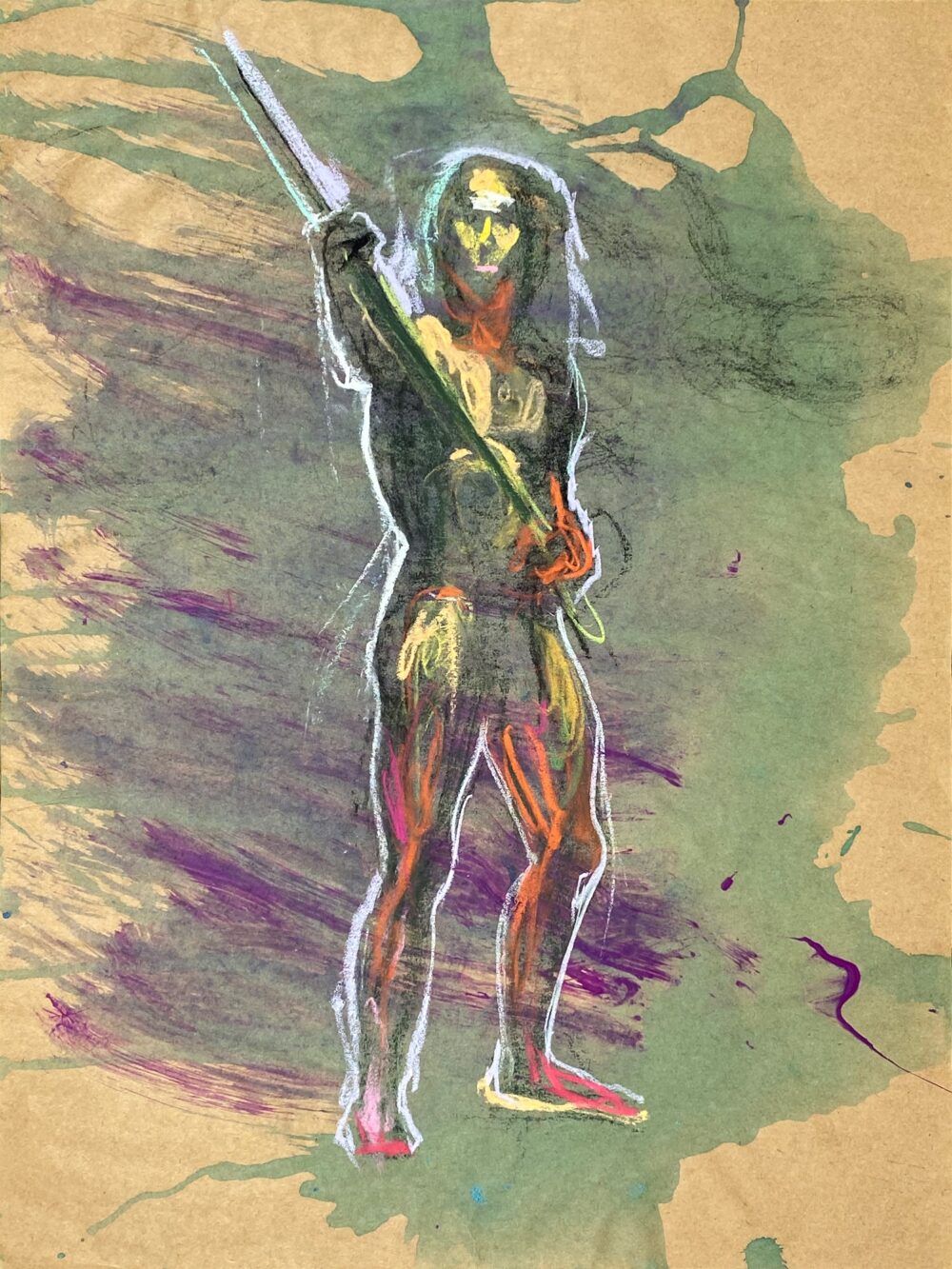 pastel drawing of male model holding wood staff