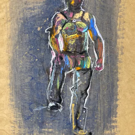 pastel drawing of male model in leather fetish outfit