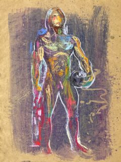 pastel drawing of male model in red gaiters holding soccer ball and Polish fan scarf