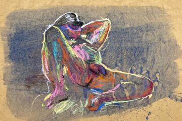 pastel drawing of nude male model in leather fetish hat