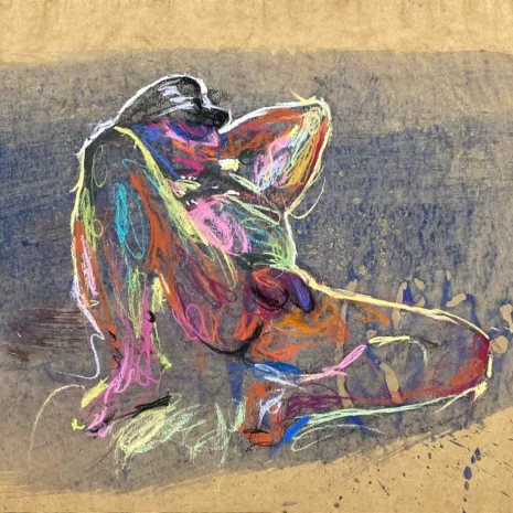 pastel drawing of nude male model in leather fetish hat