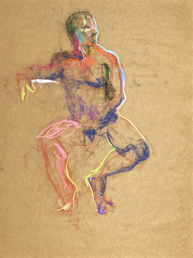 pastel drawing of nude male model sitting