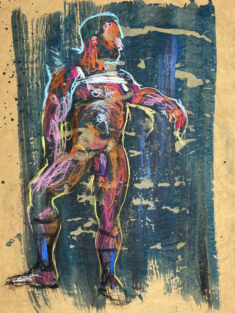 pastel drawing of nude male model in white tank and dress shoes