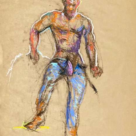 pastel drawing of male model in blue jeans and suede boots