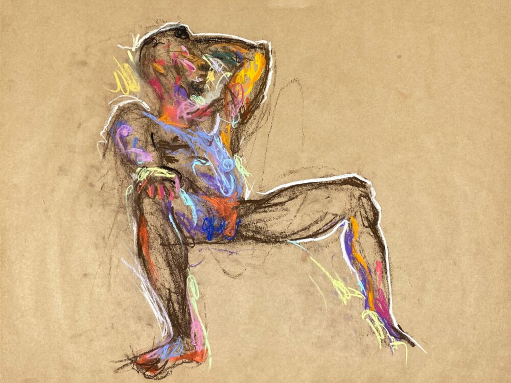 pastel drawing of male model sitting