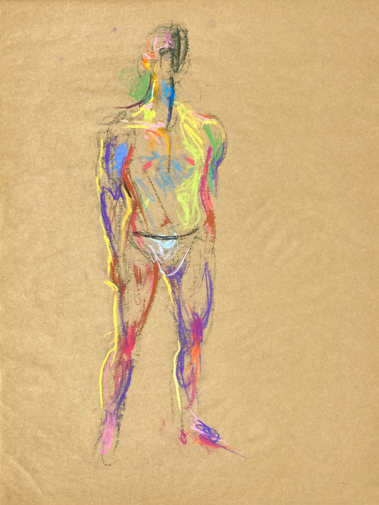 pastel drawing of male model in white briefs