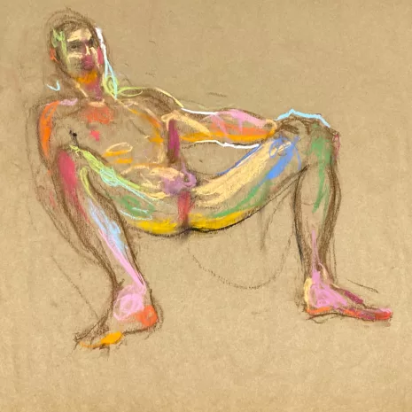 pastel drawing of naked male model playing with himself