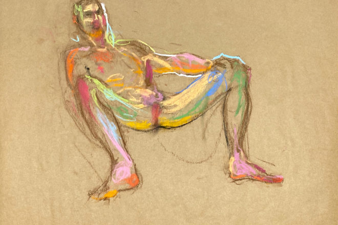 pastel drawing of naked male model playing with himself