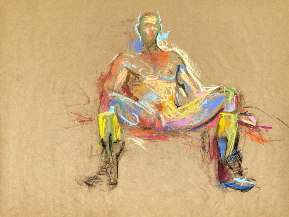 pastel drawing of naked male model in boots and yellow gaiters