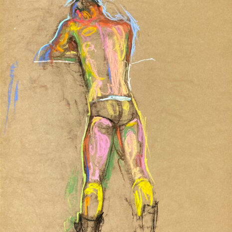 pastel drawing of male model in semi opaque briefs