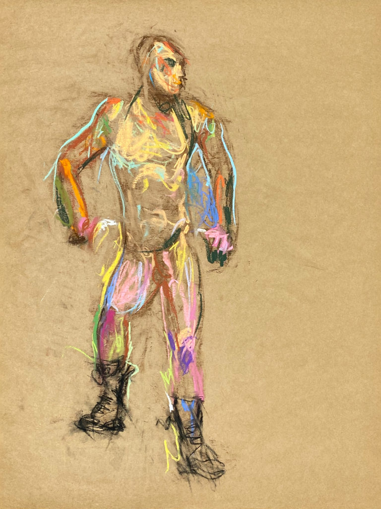 pastel drawing of male model in boots