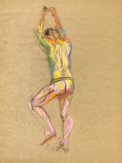 pastel drawing of male model in jocks from backside
