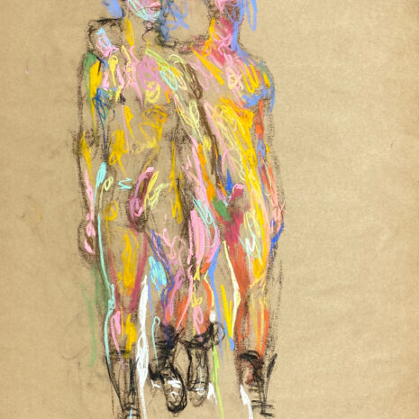 pastel drawing of two nude male models in boots