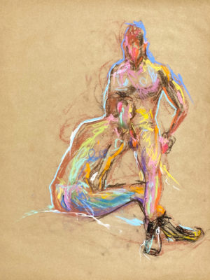 pastel drawing of two male models in boots