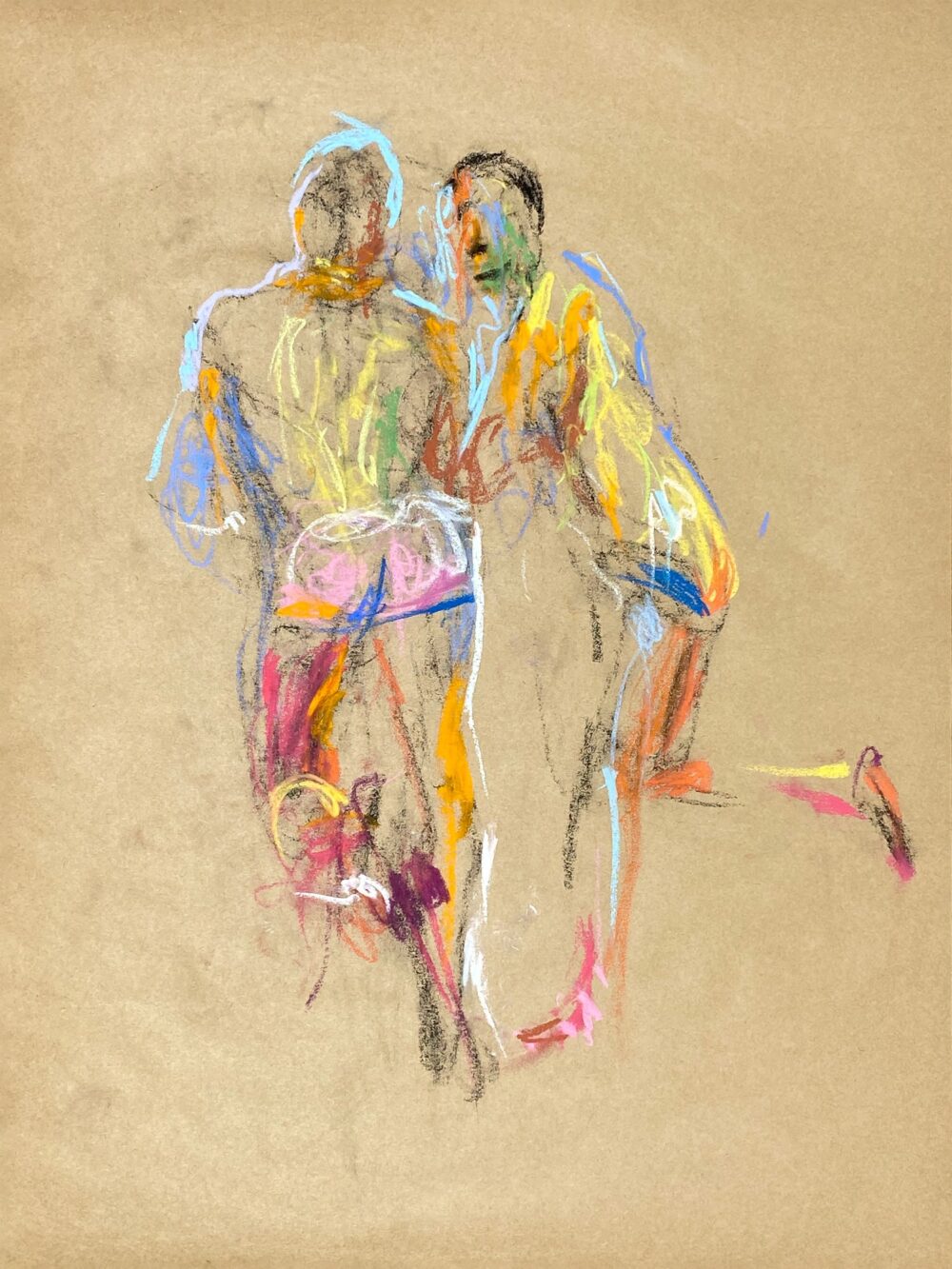 pastel drawing of two male models leaning on counter