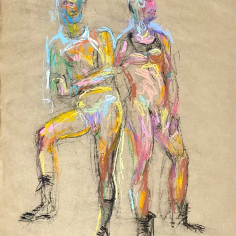 pastel drawing of two male models in boots and tanks