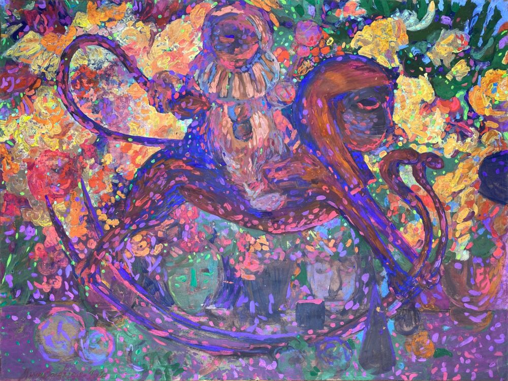 acrylic painting 'Sleep' with an infant on the sphinx alike rocking horse among flowers